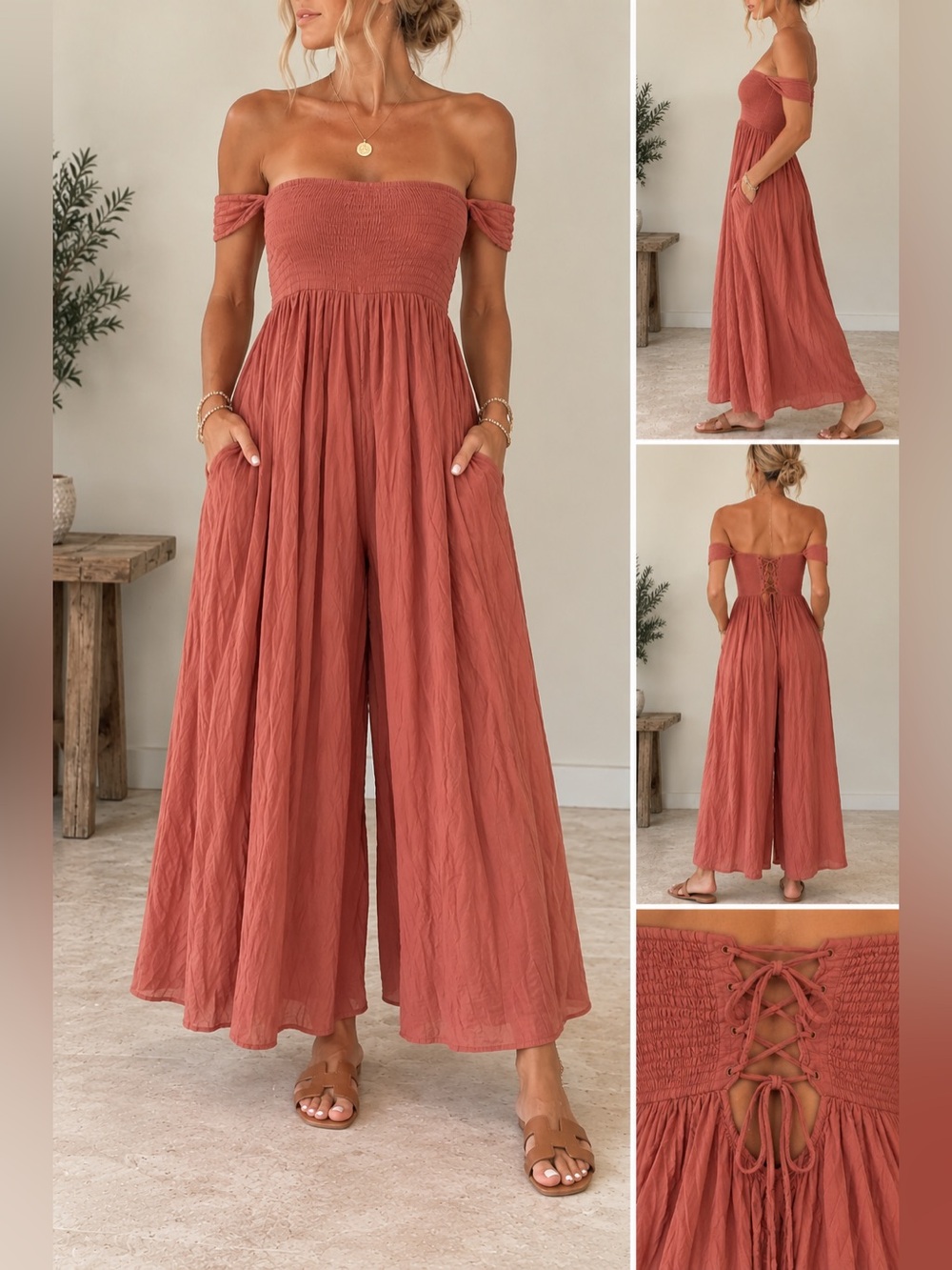 NWOT Off-Shoulder Smocked Wide-Leg Jumpsuit - Rust